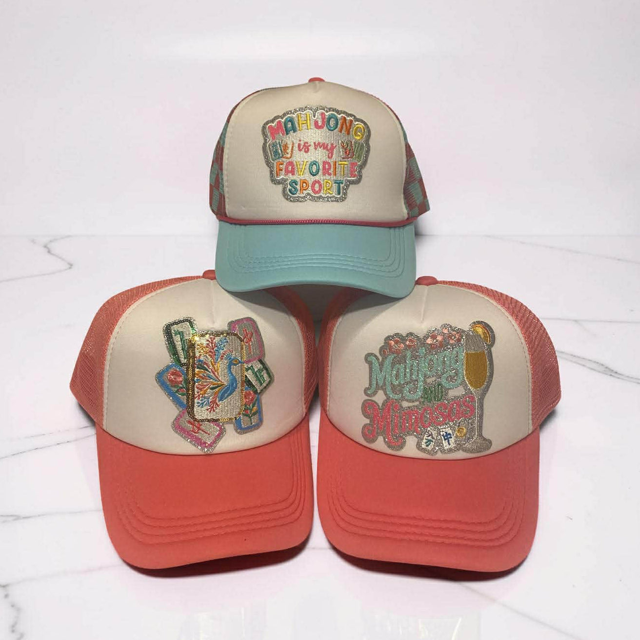 Mahjong Trucker Hat – Pink and Teal | Mahjong is My Favorite Sport, Mahjong & Mimosas, Tile Display | Mahj Glam Club