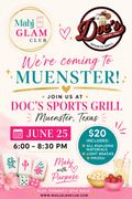 Promotional flyer for Doc's Sports Grill event with colorful text and graphics.