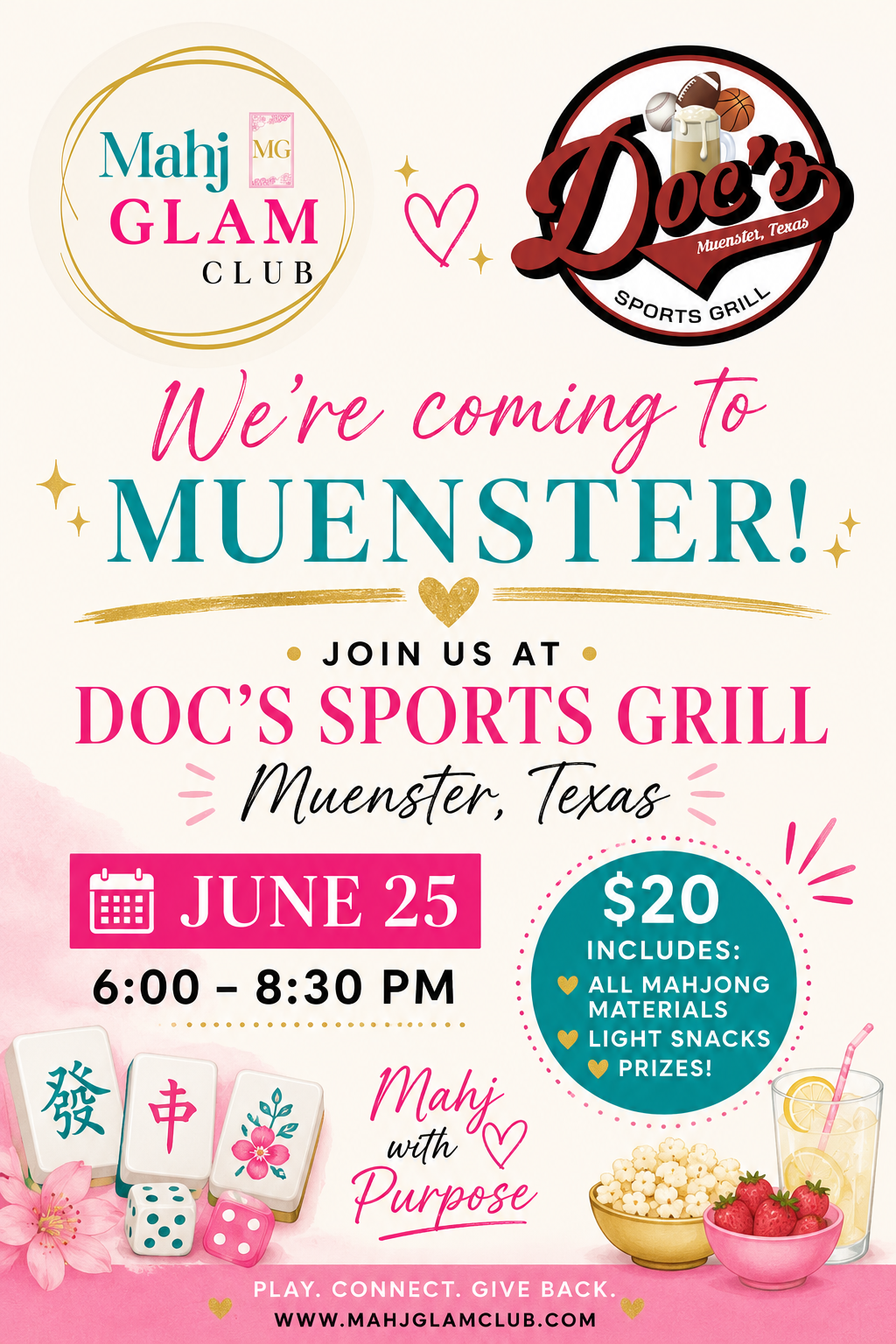 Promotional flyer for Doc's Sports Grill event with colorful text and graphics.