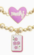 Mahj Cherry Blossom Tile Ball Bead Stretch Bracelet Set of 2