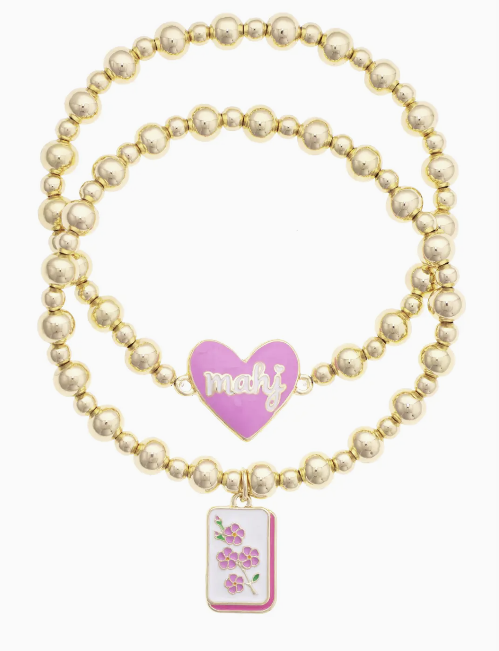 Mahj Cherry Blossom Tile Ball Bead Stretch Bracelet Set of 2